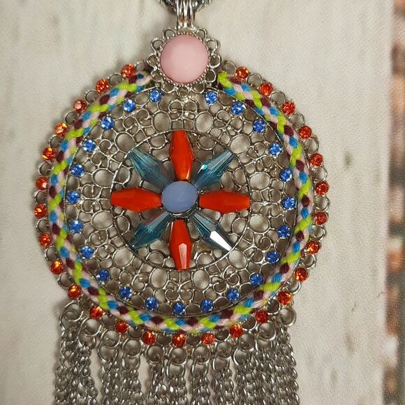 Colorful Round Medallion Pendant with Tassels on Long Silver Tone Chain Necklace - Picture 2 of 7